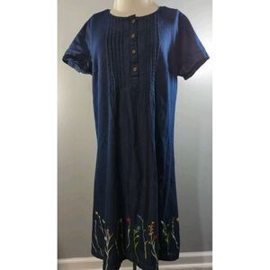 Serengeti Women's Blue Jean With Embroidered Flowers Short Sleeve Dress Size Med